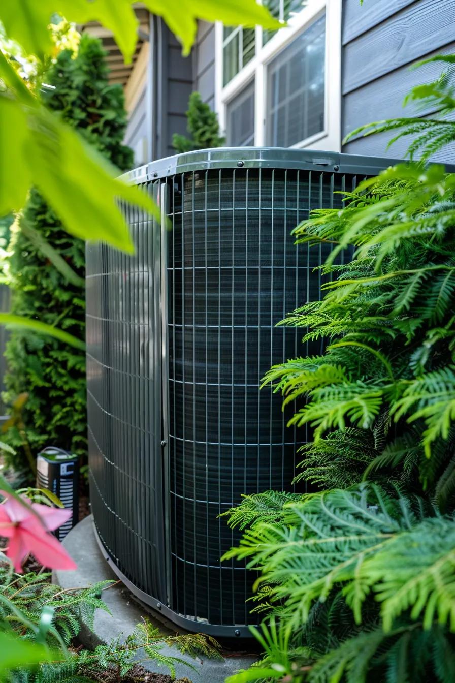 HVAC Blog 2 A sleek, modern heat pump unit installed neatly outside a home, surrounded by lush Pacific Northwest greenery.