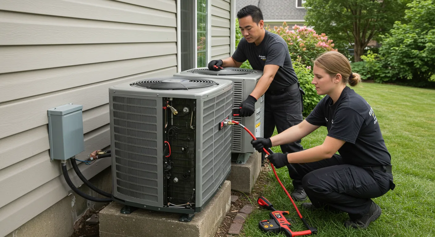 AC Installation and Replacement in Lakewood, WA 3 Two HVAC technicians, a man and a woman, are working together to install a new outdoor AC unit next to a residential home.