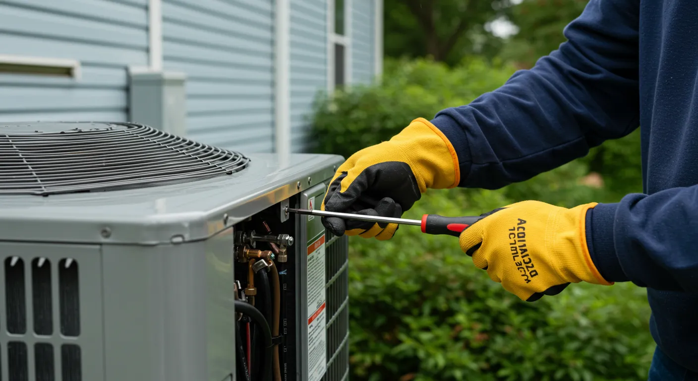AC Installation and Replacement in Puyallup, WA 3 A close-up shot of a gloved hand using a screwdriver to perform maintenance on an outdoor AC unit.