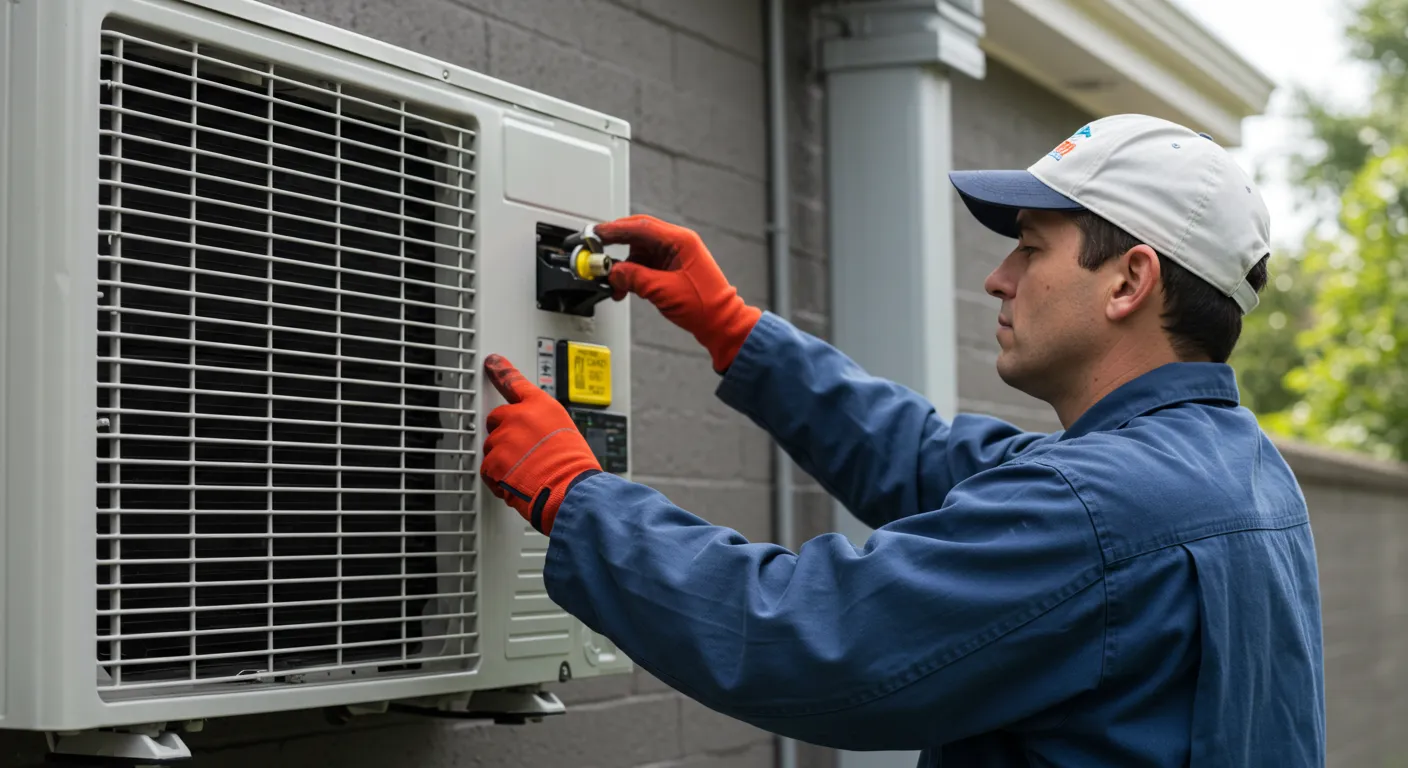 AC Installation and Replacement Bonney in Lake, WA 1 A technician in a blue uniform and a hat installs or repairs a wall-mounted outdoor AC unit.