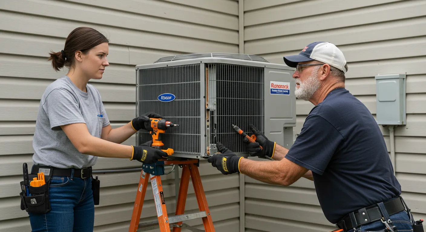 AC Installation and Replacement Grand in Mound, WA 1 A male and female technician team works together to install a residential outdoor AC unit, with the unit resting on a small ladder.