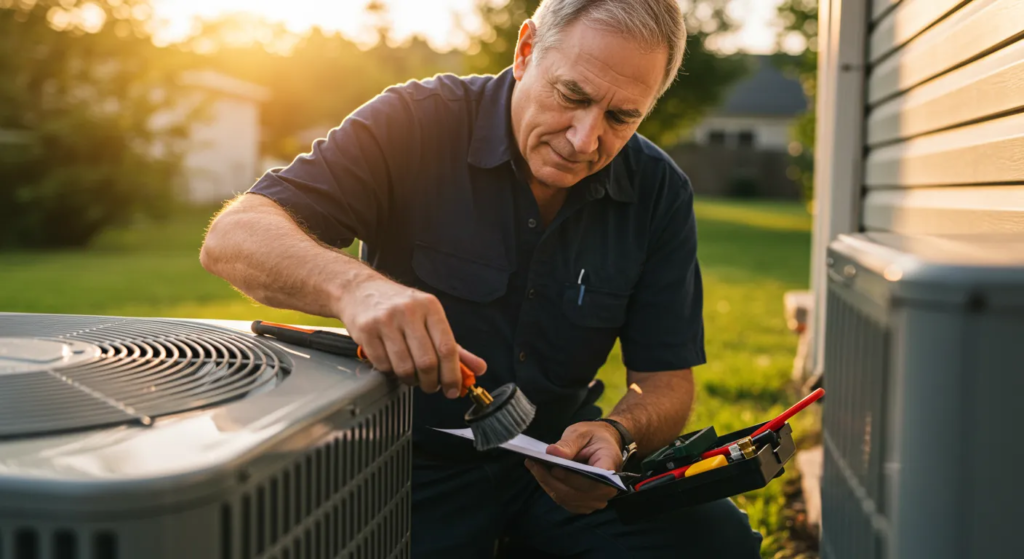 HVAC Service Maintenance University in Place, WA 3 A skilled HVAC technician with a brush cleans components inside an outdoor AC unit.