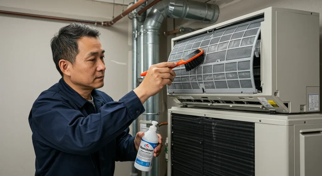HVAC Service Maintenance in Yelm, WA 3 A technician in a blue uniform cleans the filter of an indoor AC unit with a brush and cleaning bottle in a utility room.