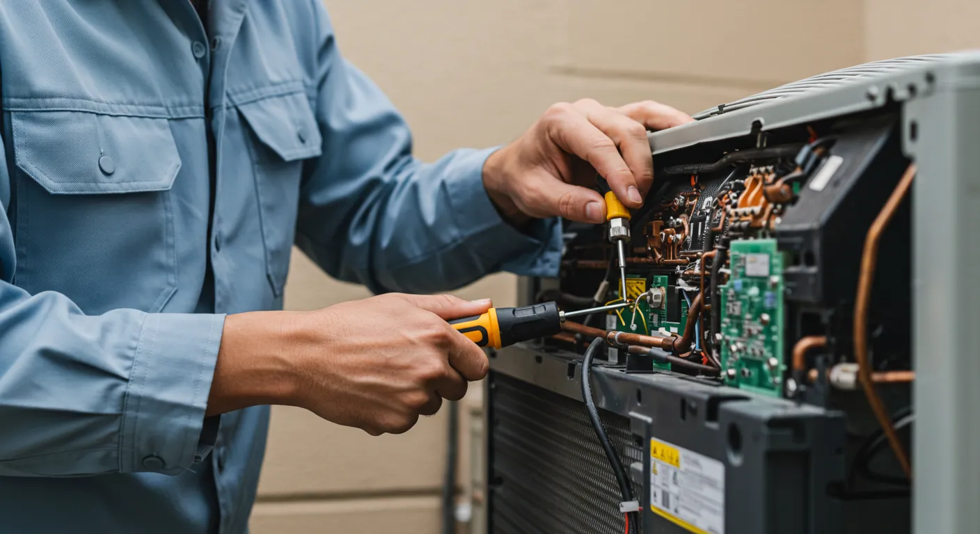 AC Installation and Replacement in Tacoma, WA 1 A close-up shot of a technician's hands using screwdrivers to work on the complex internal wiring and circuit board of an AC unit.