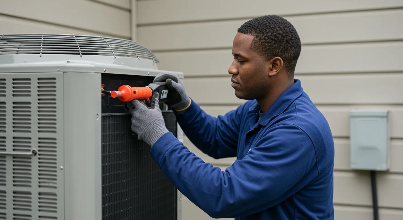 AC Installation and Replacement in Tanglewilde, WA 1 An African American technician in a blue uniform and gloves uses a tool to service an outdoor residential AC unit.