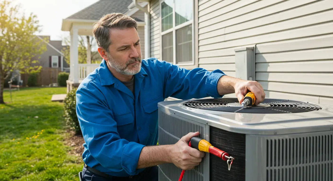 AC Installation and Replacement in Tumwater, WA 1 A male technician with a beard works on the top fan and side panel of an outdoor residential AC unit.