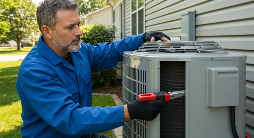 HVAC Company in Bucoda, WA 1 A technician in a blue uniform uses a cleaning tool to maintain the internal coils of an outdoor AC unit.