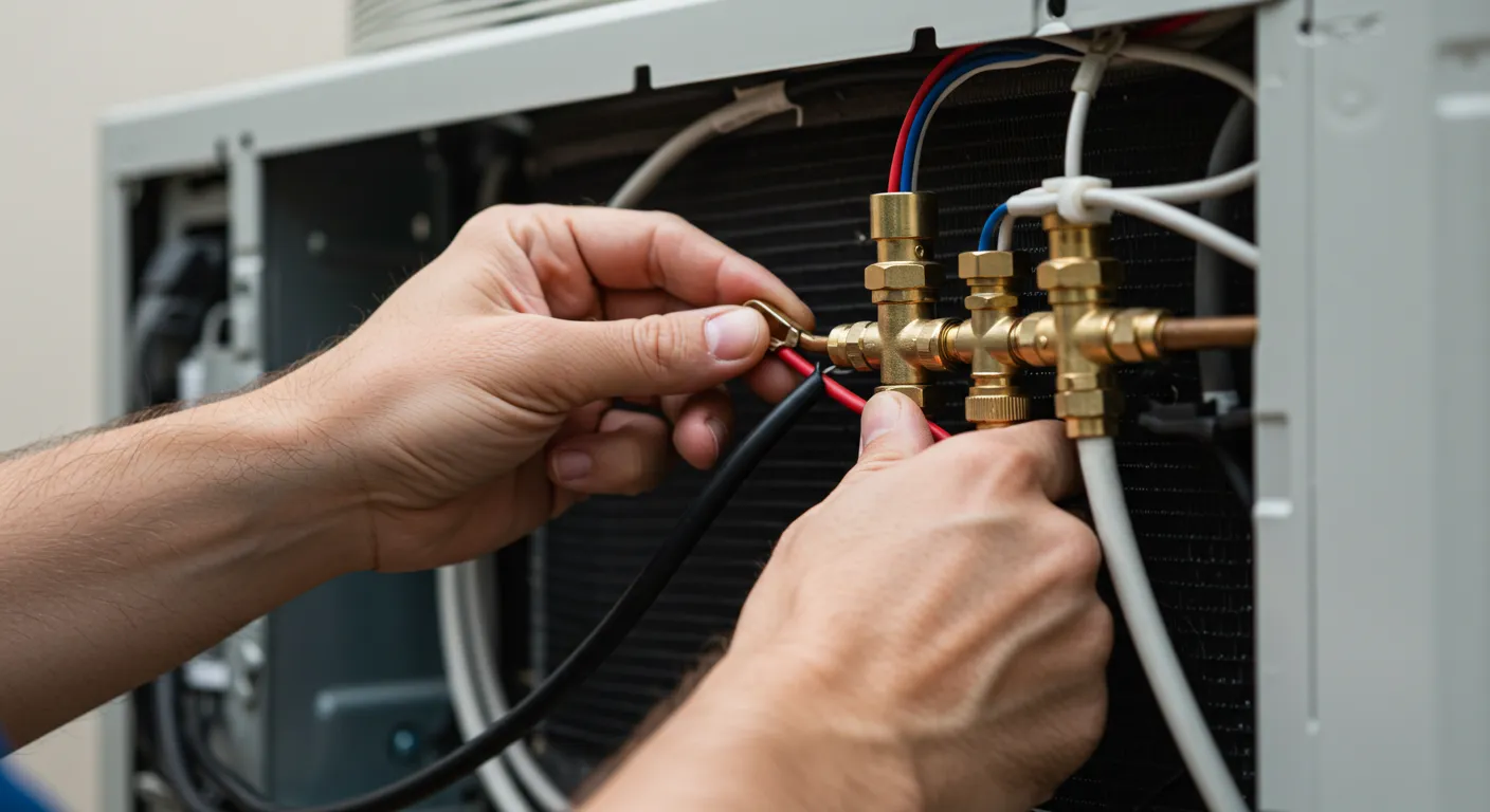 AC Installation and Replacement in Yelm, WA 1 A close-up view of a technician's hands carefully working on the brass fittings and electrical wiring inside an AC unit.
