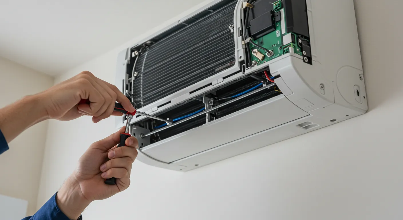 AC Repair in Tanglewilde, WA 1 A technician's hands use a screwdriver to repair the internal parts and wires of a white, wall-mounted air conditioner.