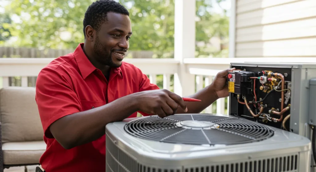 HVAC in Tanglewilde, WA 1 An African American technician in a red polo shirt works on the internal electrical components of an outdoor AC unit on a patio.