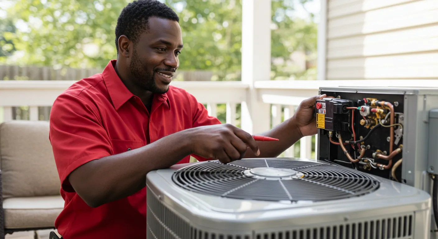 AC Repair in Edgewood, WA 1 An African American technician in a red polo shirt works on the internal electrical components of an outdoor AC unit on a patio.