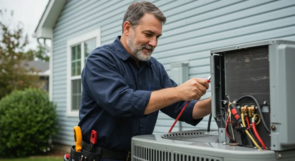 HVAC in Tenino, WA 1 A smiling male technician with a beard and glasses works on the internal parts of an outdoor AC unit.
