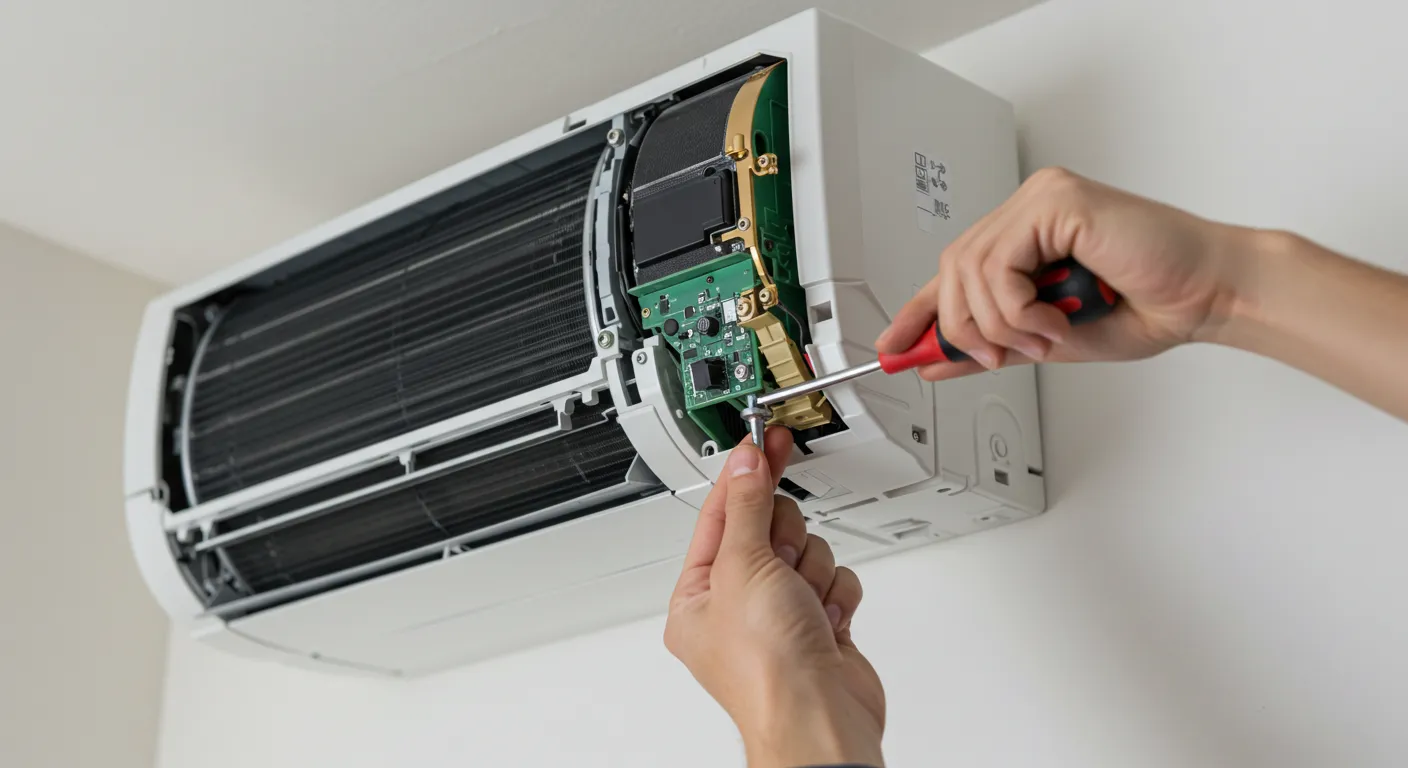 A close-up shot of a technician's hands using a screwdriver to repair the internal components of a wall-mounted indoor AC unit.