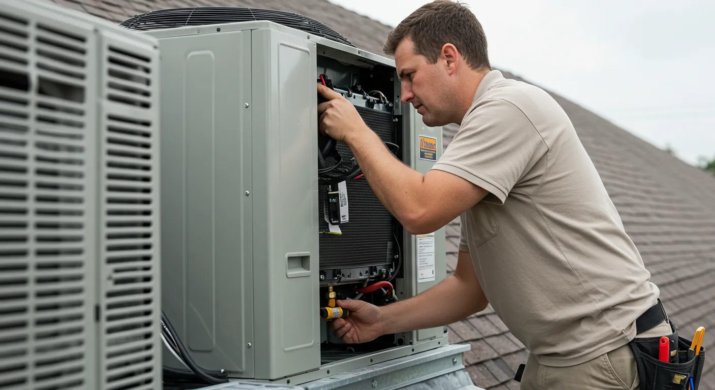 AC Service and Maintenance University in Place, WA 3 A male technician in a beige polo shirt and tool belt works on a large outdoor AC unit on a residential rooftop.