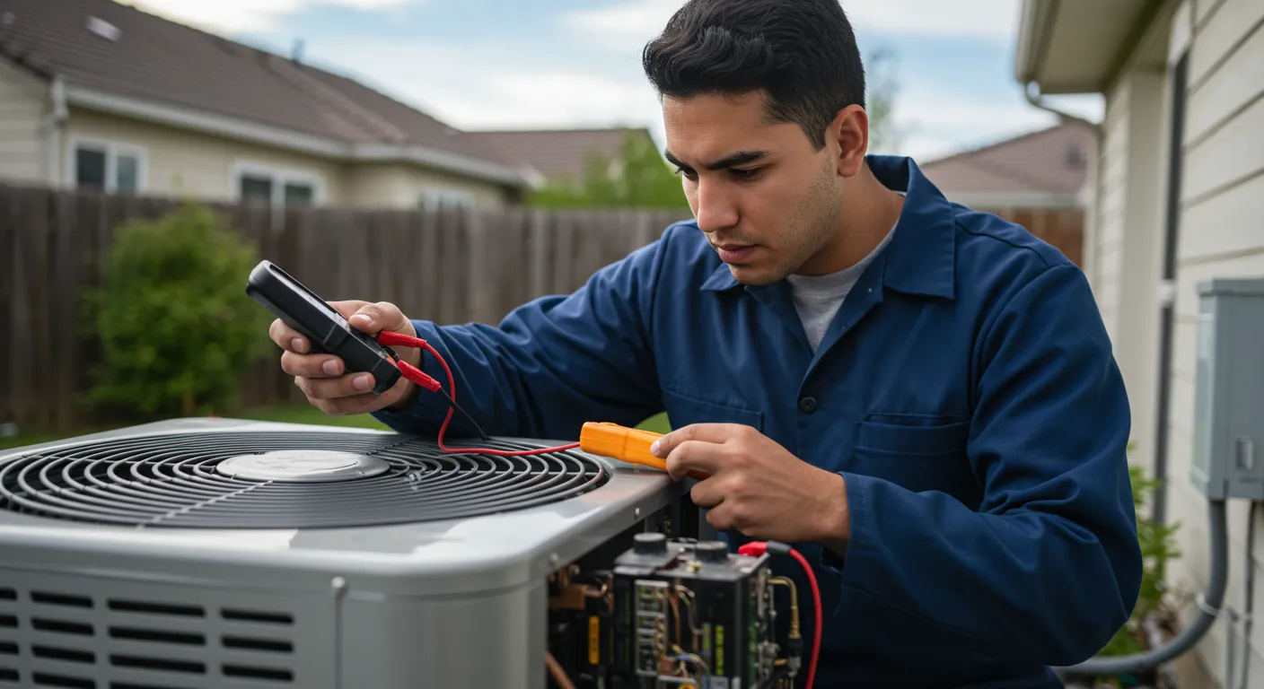 AC Service and Maintenance in Tanglewilde, WA 1 A male technician in a blue uniform uses a multimeter to test a residential outdoor AC unit.