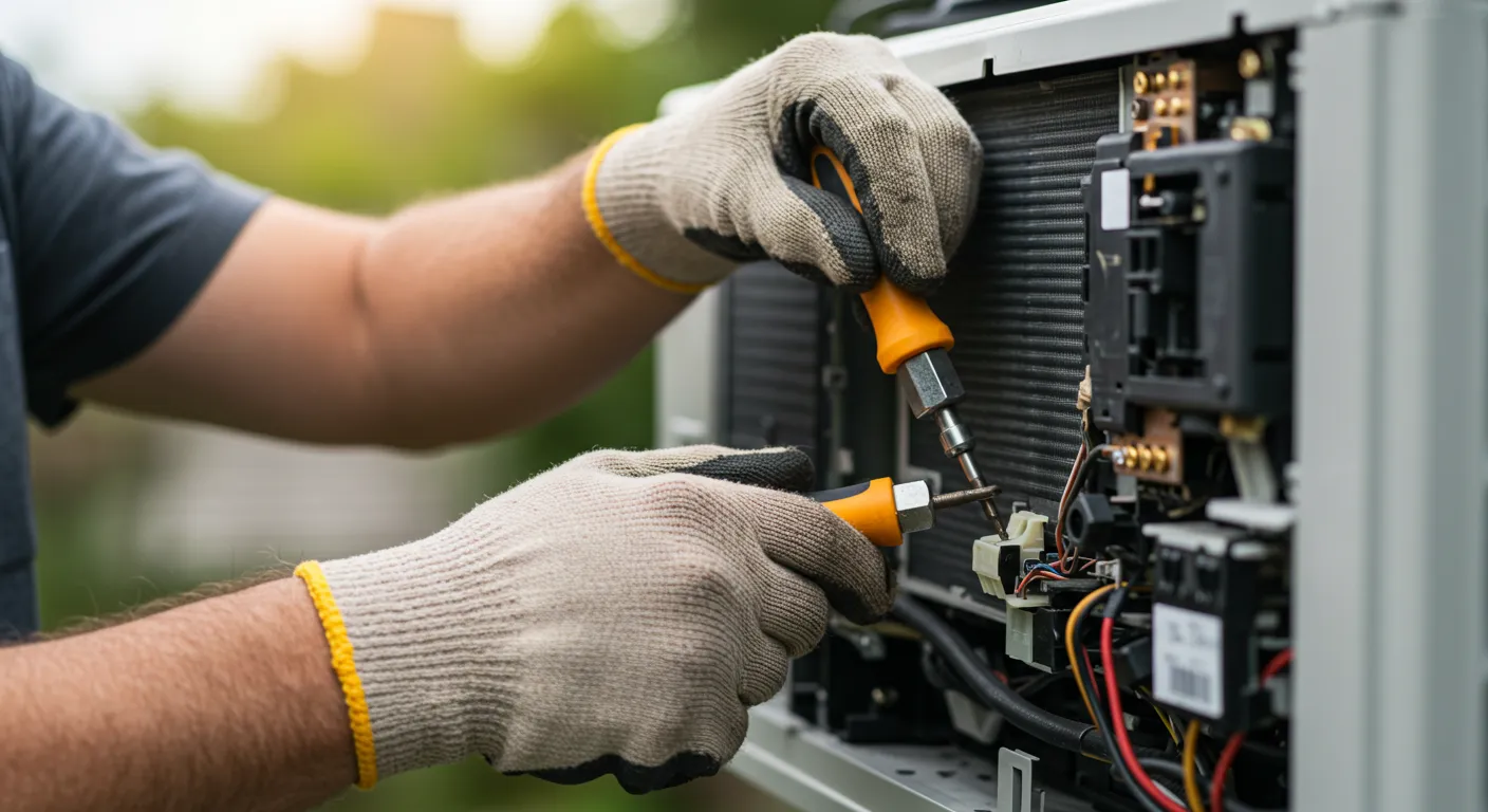 AC Service and Maintenance in Graham, WA 1 A close-up of a technician's gloved hands using a screwdriver to fix the wiring and internal parts of an outdoor AC unit.