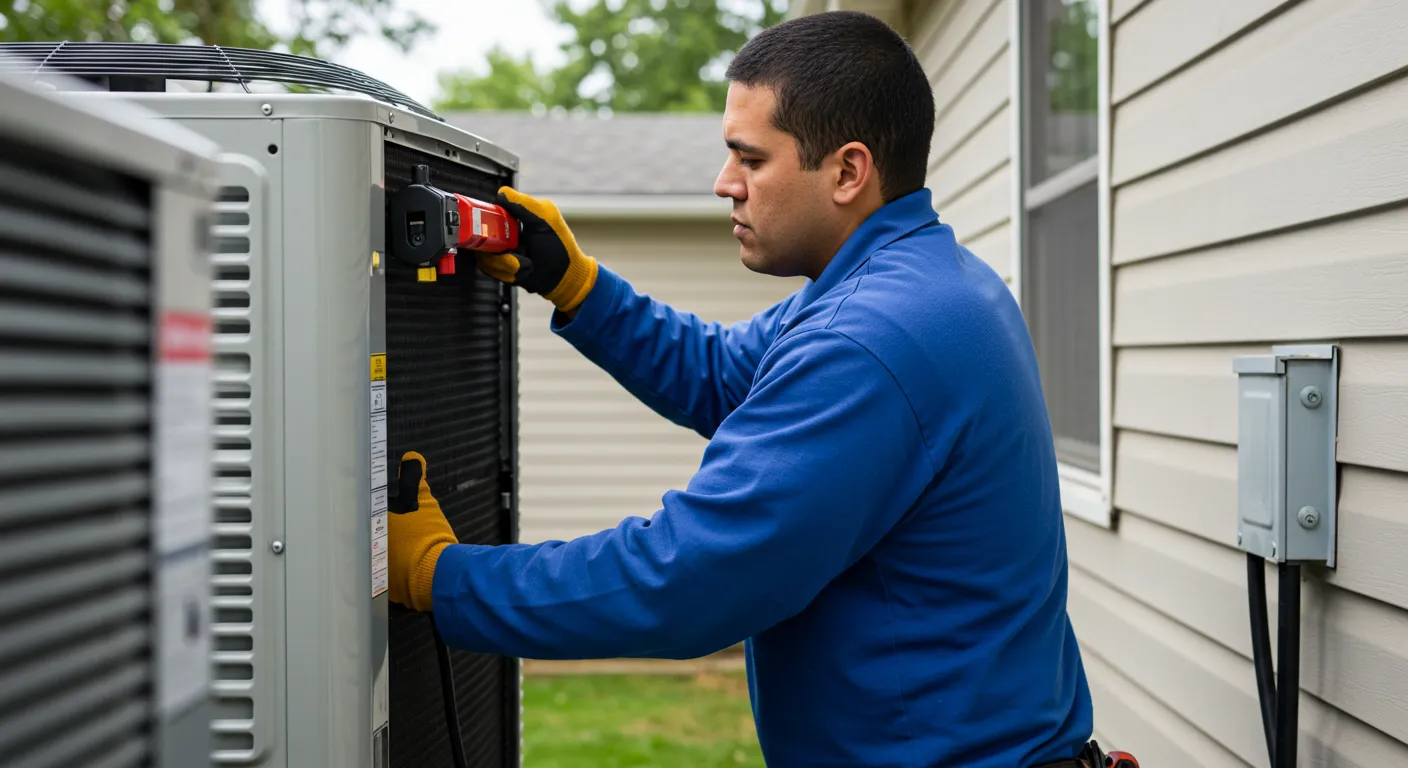 AC Service and Maintenance in Sumner, WA 1 A technician in a blue uniform and gloves services a line of residential outdoor AC units.