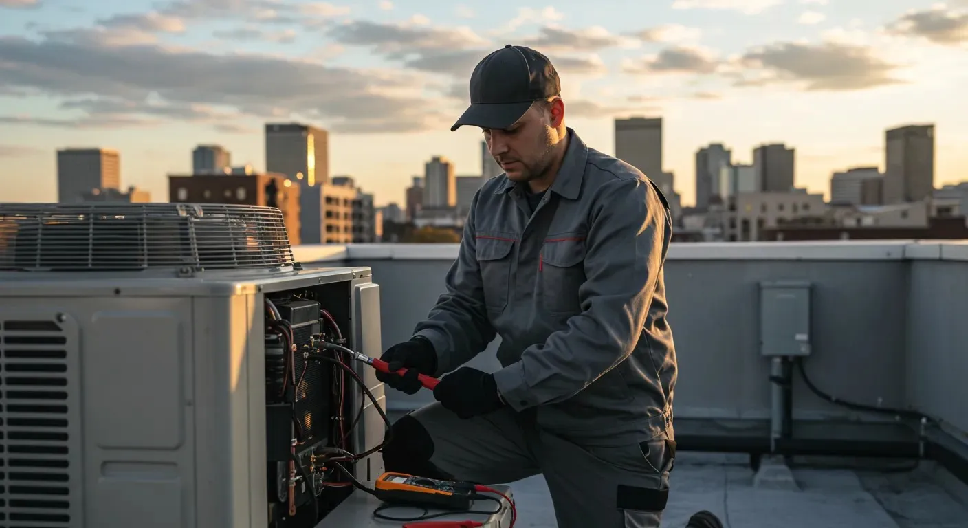 AC Service and Maintenance in Rochester, WA 1 A rooftop technician in gray uniform and a baseball cap kneels to work on a commercial HVAC unit against a city skyline at sunset.