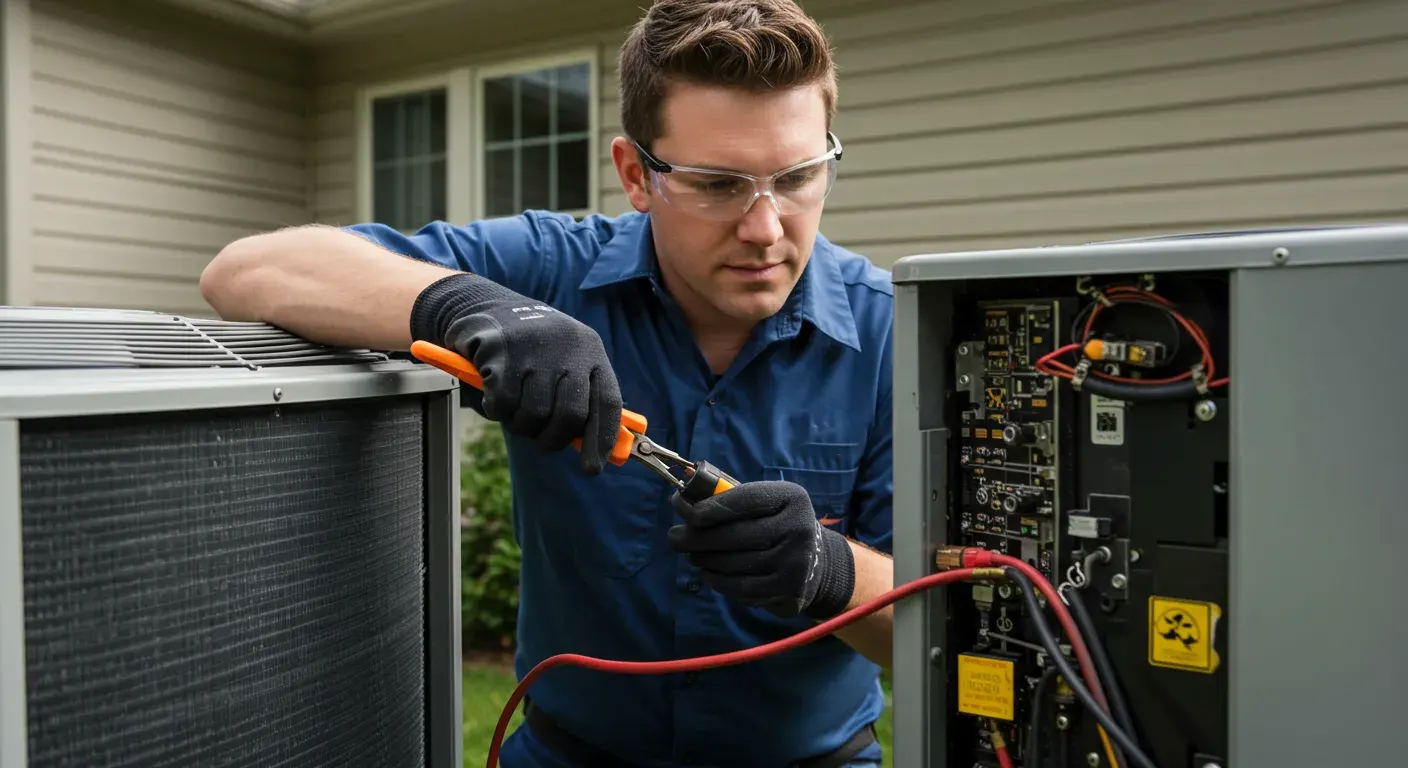 AC Service and Maintenance in Rainier, WA 3 A technician wearing safety glasses and gloves uses pliers to work on the wiring inside an open AC unit.
