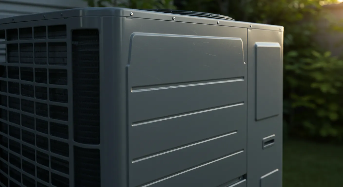 AC Service and Maintenance Grand in Mound, WA 1 A close-up, angled view of a modern outdoor air conditioning unit, showing its gray casing and fan grill.