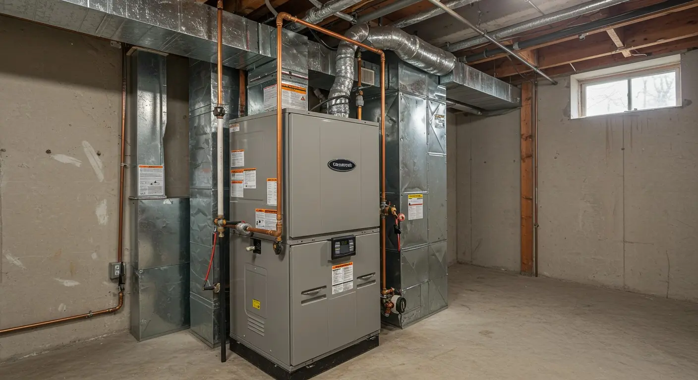 A newly installed gray furnace with associated ductwork and copper piping in a basement.