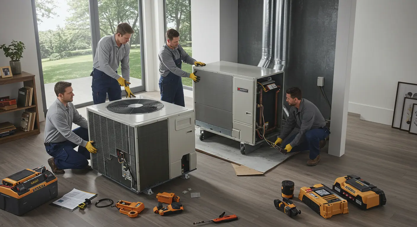 Heat Pump Installation and Replacement in Olympia, WA 6 Technicians replacing indoor air handling units.