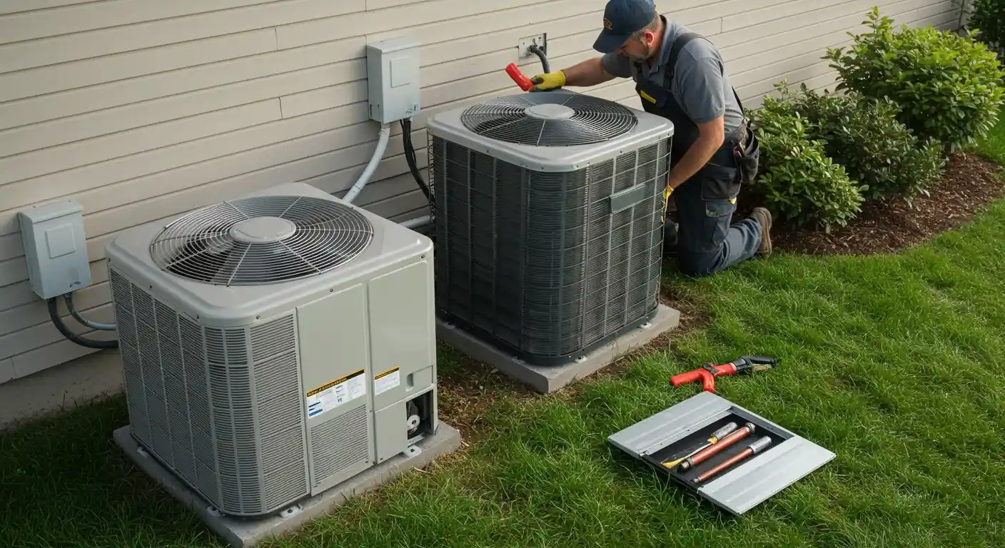 Heat Pump Installation and Replacement in Puyallup, WA 6 Technician servicing two outdoor HVAC units.
