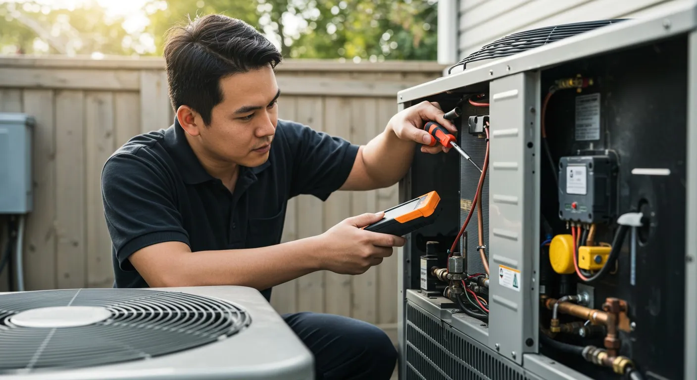 Technician uses multimeter on HVAC unit.