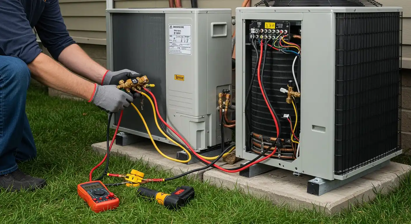 Heat Pump Installation and Replacement in Edgewood, WA 6 Technician troubleshooting outdoor HVAC unit components.