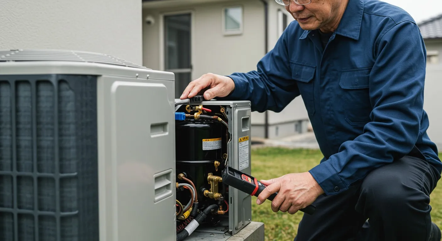 Technician inspecting HVAC unit's compressor.