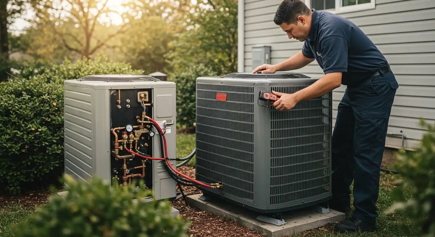 Technician servicing residential dual HVAC units outdoors.