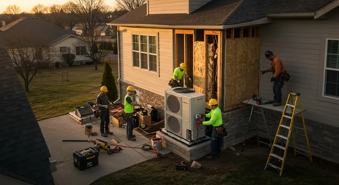 Heat Pump Installation and Replacement in Graham, WA 2 Construction crew installing large outdoor HVAC unit.