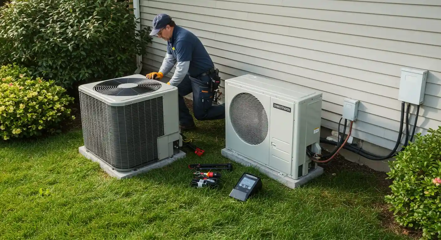 Heat Pump Installation and Replacement in Rochester, WA 2 Technician servicing two outdoor AC units.