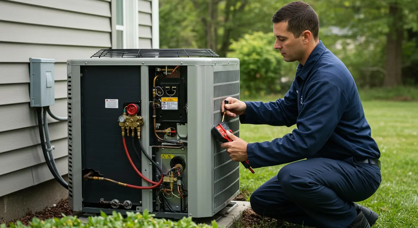 Technician checking outdoor HVAC unit with multimeter.