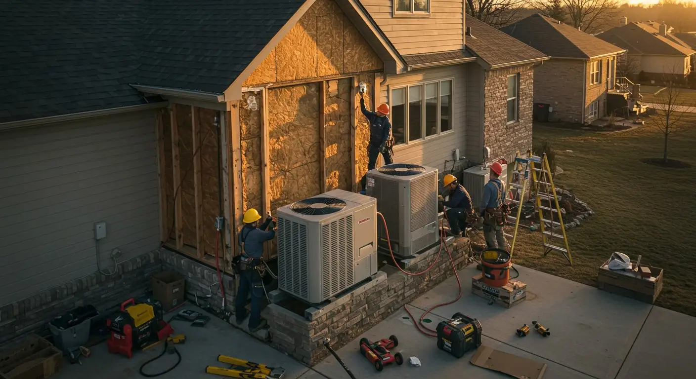 Heat Pump Installation and Replacement in Grand Mound, WA 2 Workers installing large outdoor HVAC units.