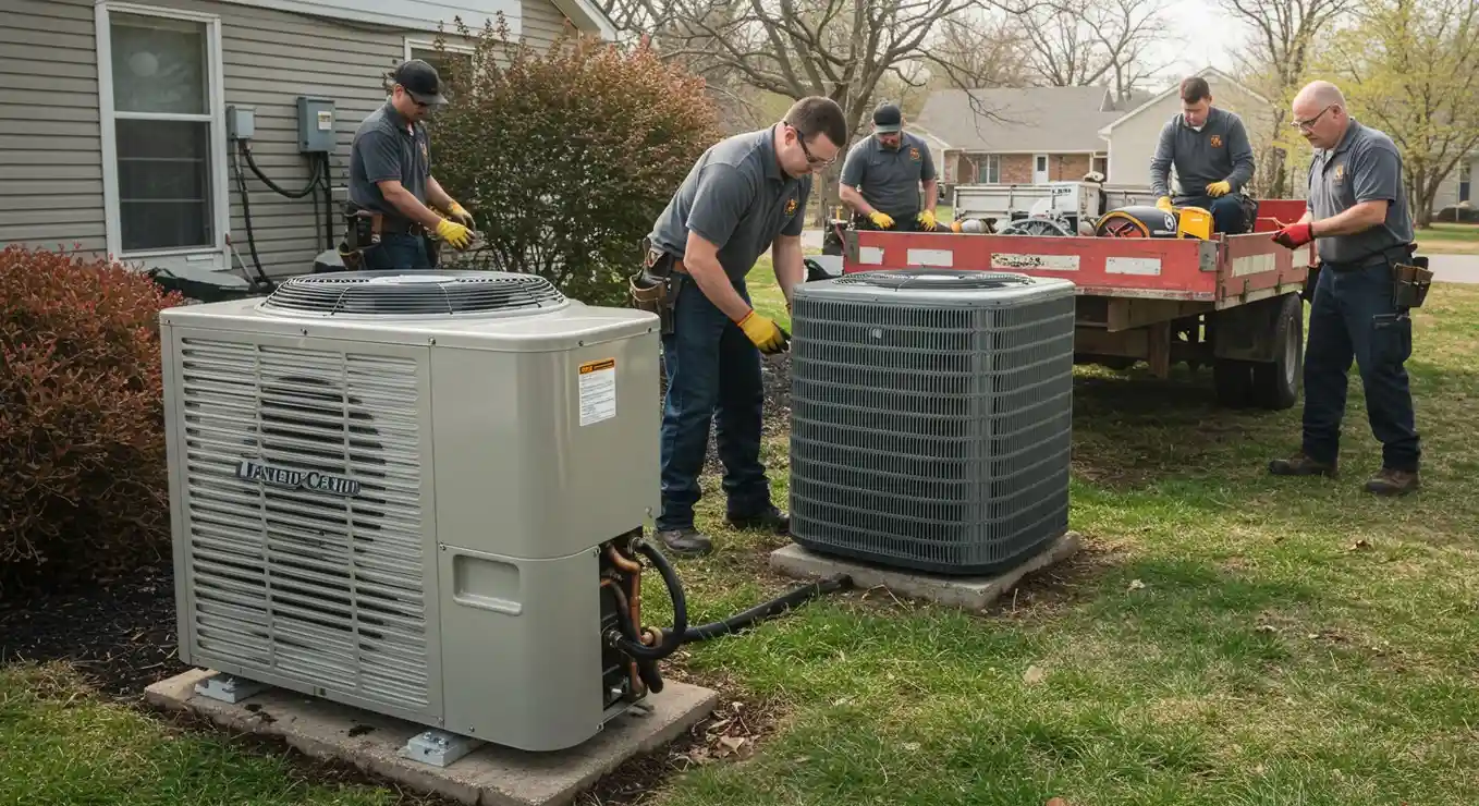 Heat Pump Installation and Replacement in Sumner, WA 2 HVAC crew installing two outdoor units.