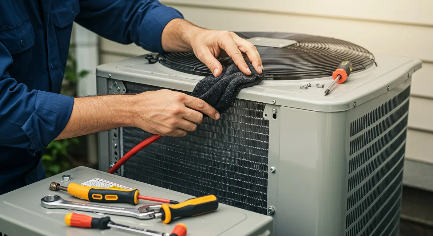 Technician cleaning debris from Heat Pump condenser fins.