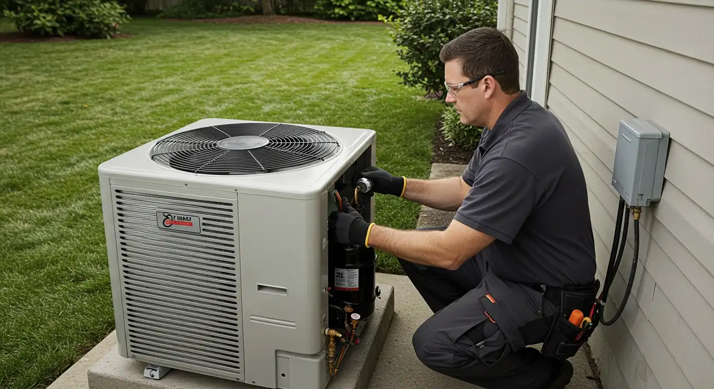 Heat Pump Installation & Replacement in Tanglewilde, WA 2 HVAC technician servicing outdoor unit.