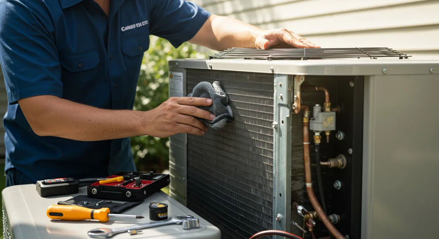 Technician cleaning outdoor HVAC condenser coils.