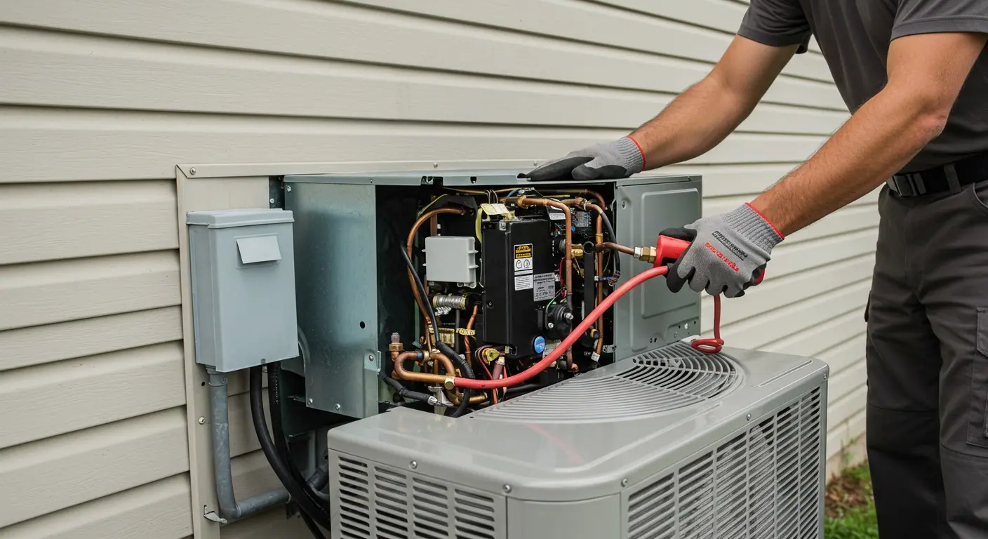 Heat Pump Installation and Replacement in Tenino, WA 2 HVAC technician working on outdoor unit.
