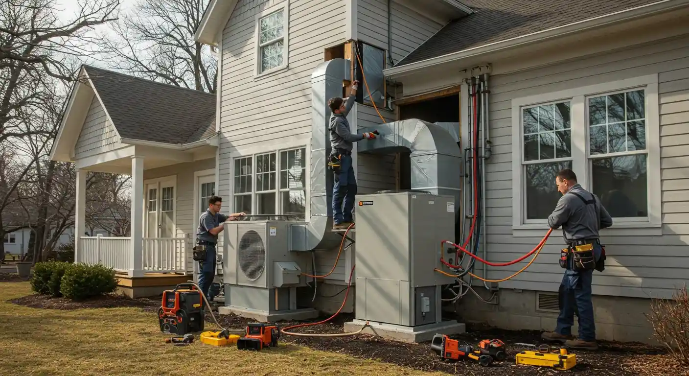 Heat Pump Installation and Replacement in Lakewood, WA 2 Workers installing new HVAC system and ductwork.