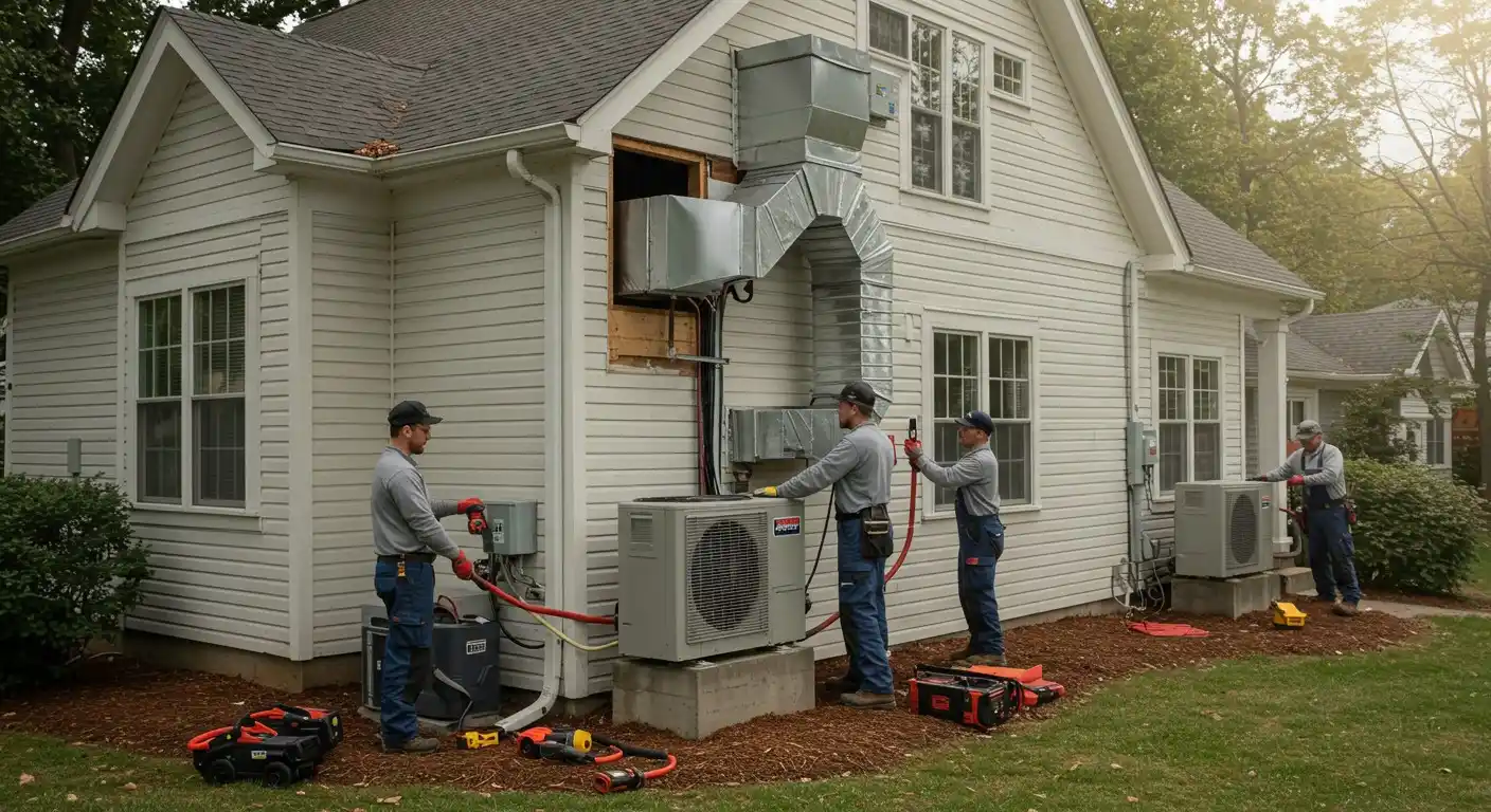 Heat Pump Installation and Replacement North in Yelm, WA 2 Workers installing multiple HVAC units and ductwork.