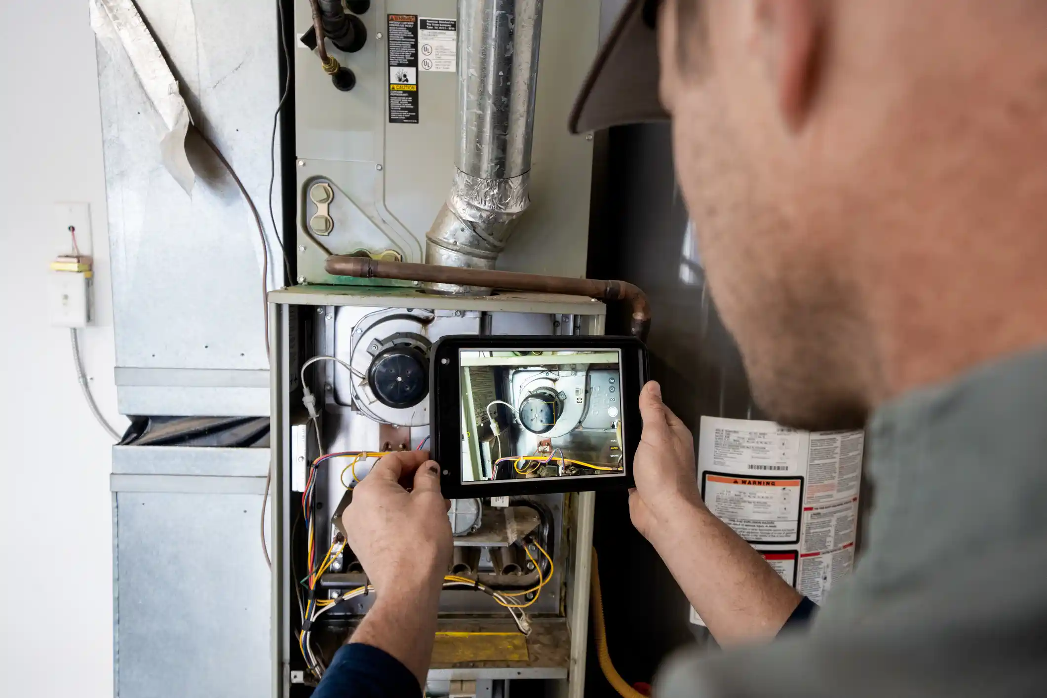 A technician, seen from behind his shoulder, holds a tablet displaying a close-up image of the internal components of a gas furnace, including the blower motor and wiring. The technician is comparing the image to the actual open furnace unit in front of him, which has its maintenance panel removed.