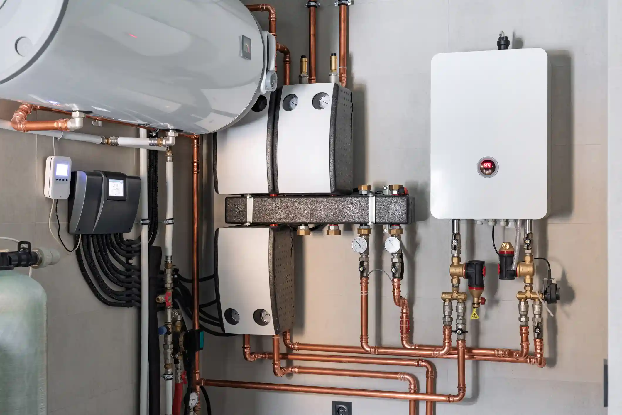 A complex modern residential heating system is mounted on a light gray wall. It includes a large white horizontal water storage tank, two white heat exchangers or distribution units, and a smaller white wall-mounted boiler with a digital temperature display. The system features extensive exposed copper piping, pressure gauges, and black-insulated components.