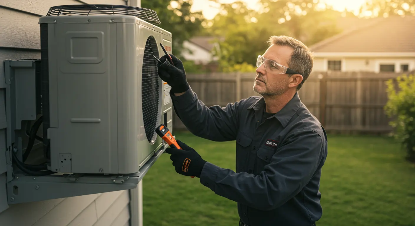 A male HVAC technician, wearing safety glasses, a dark uniform, and black gloves, uses a screwdriver and holds an orange temperature gun to service an outdoor mini-split heat pump unit. The gray unit is mounted on a bracket against a light-colored house with a grassy backyard and fence in the background.