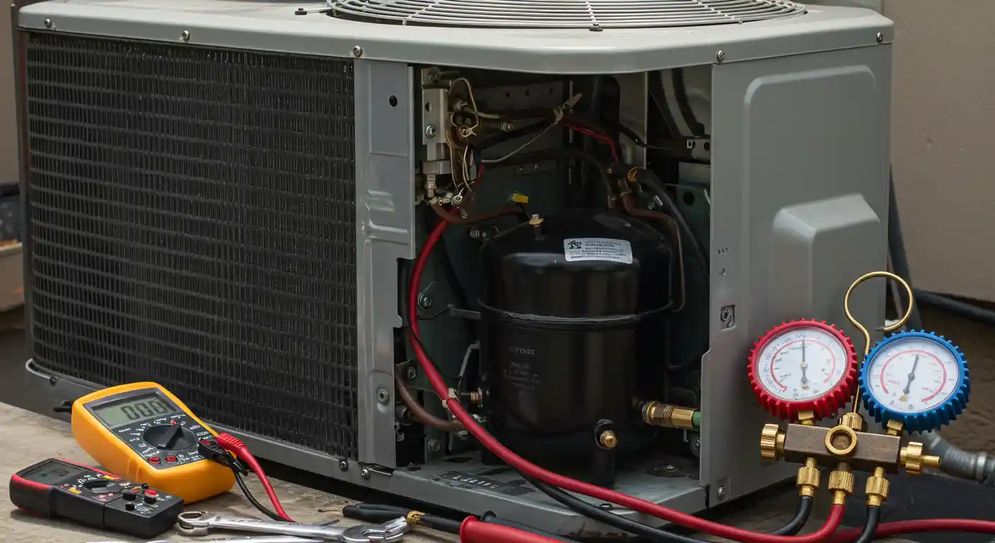an open HVAC (Heating, Ventilation, and Air Conditioning) condenser unit with its side panel removed, exposing the internal components, including the compressor and various wiring.