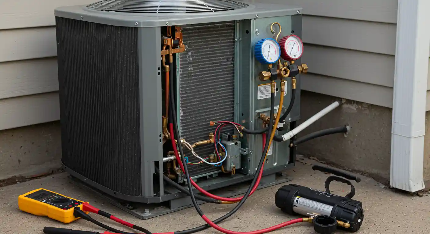 an exterior HVAC (Heating, Ventilation, and Air Conditioning) condenser unit undergoing servicing or repair. The side panel is removed, exposing the internal condenser coil and copper refrigerant lines. A set of manifold gauges (red and blue) is connected to the service ports on the unit's line set, indicating that a technician is measuring the refrigerant pressures (high and low side).