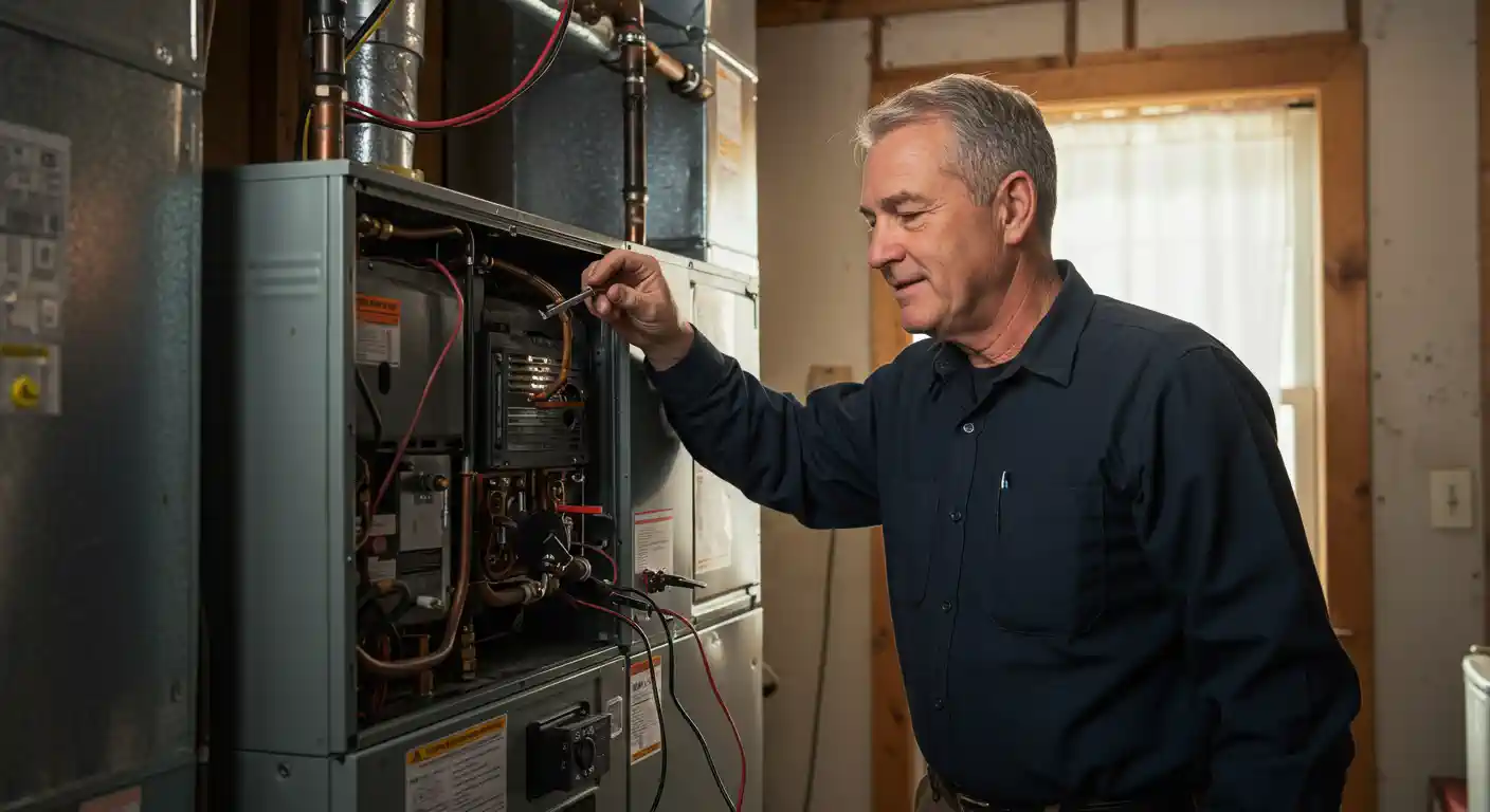 A middle-aged or senior male HVAC technician, wearing a dark blue or black collared shirt, is inspecting the interior components of a residential furnace or air handler unit. He is standing in a utility area, possibly a basement or closet, and is using a small tool, like a screwdriver or probe, to interact with the wiring or control board inside the metal cabinet. The unit has several wires and pipes connected, and the surrounding area appears to be a typical residential setting.