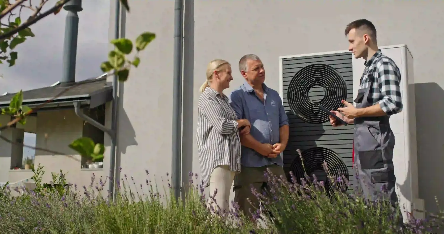 A young male HVAC technician in a gray jumpsuit and plaid shirt is standing outdoors next to a modern dual-fan heat pump or AC unit, engaging in a conversation with an older couple. The technician is holding a tablet and gesturing, while the couple listens attentively. The setting is a sunny backyard with lavender and other greenery in the foreground, next to a modern house.