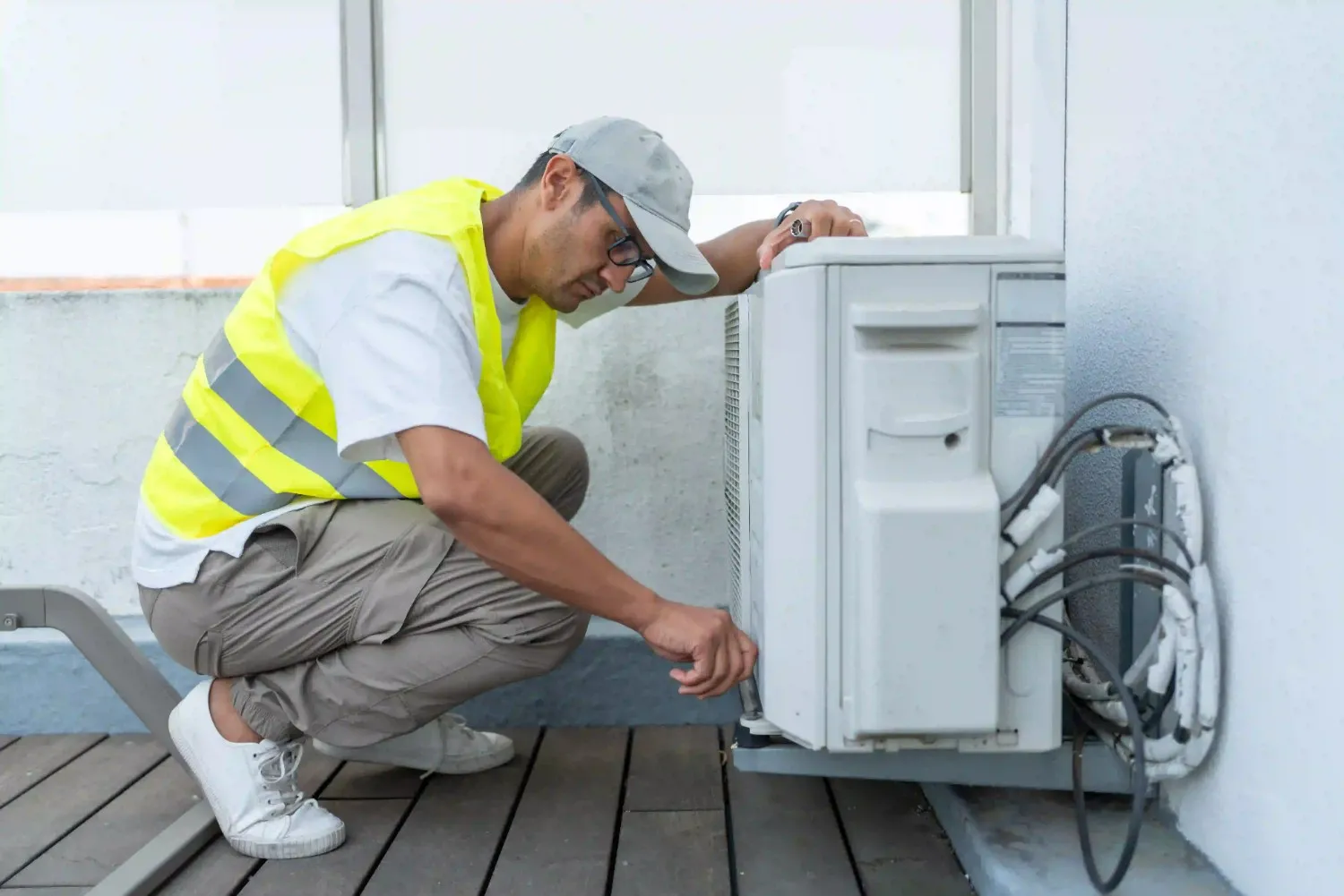 A male technician, wearing a white shirt, beige pants, a gray cap, and a bright yellow safety vest, is crouching to inspect an outdoor heat pump or air conditioning condenser unit. The unit is installed on a wooden deck next to a white wall, with refrigeration lines visible on the side.